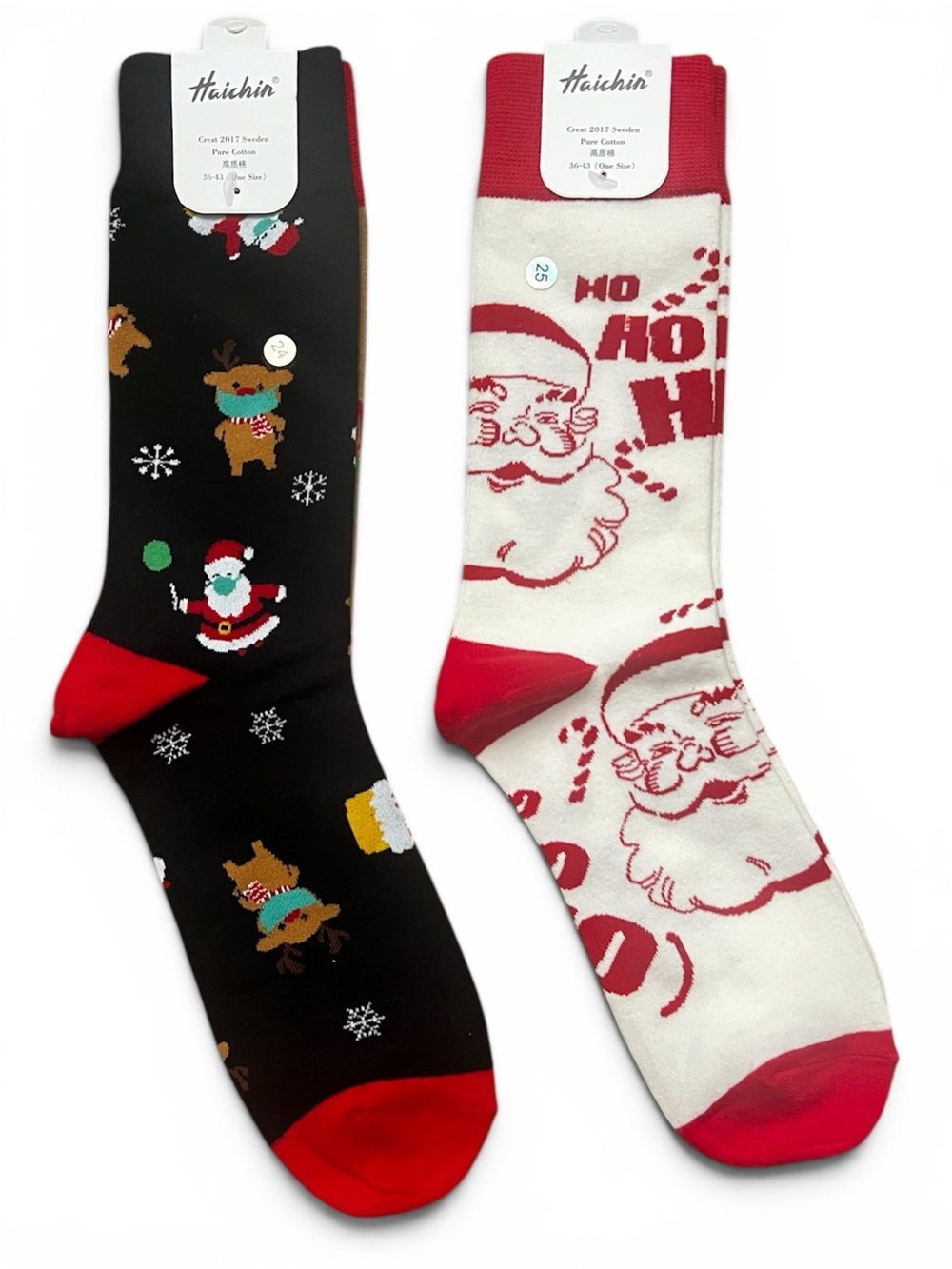 Bundle Of 2 Christmas Crew Socks Santa Reindeer 80% Cotton One Size Festive Cozy